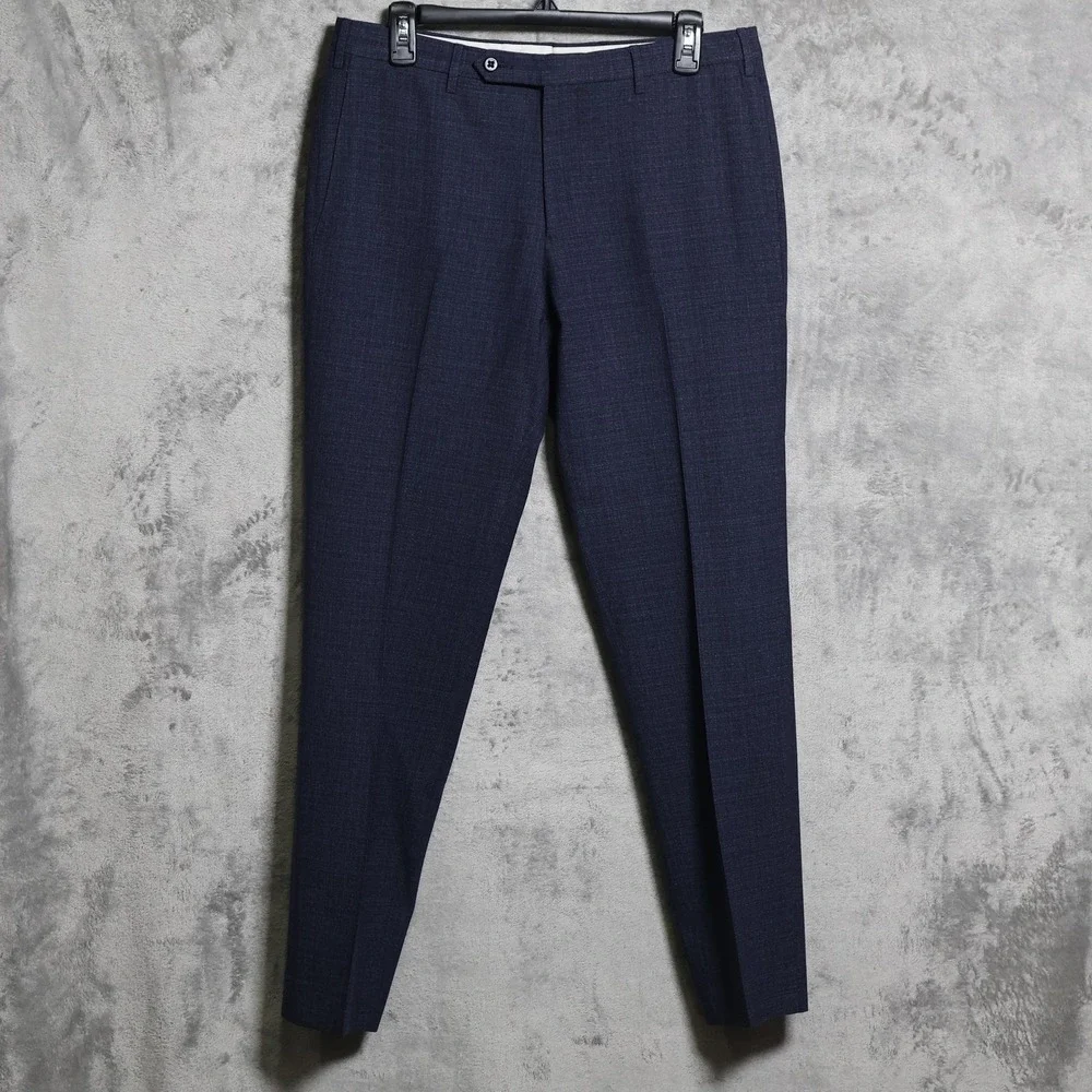 Zanella Pants Mens 32x30 Navy Blue Curtis Dress Slim Straight Tweed Wool Italy - Picture 1 of 14